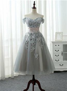 Picture of Pretty Grey Tea Length Formal Dresses with Lace, Grey Bridesmaid Dresses